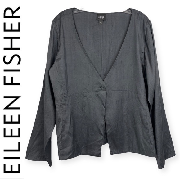 Eileen Fisher Raw Silk Blazer Lightweight Jacket Gunmetal Gray XL Lagenlook Boho - Picture 4 of 16